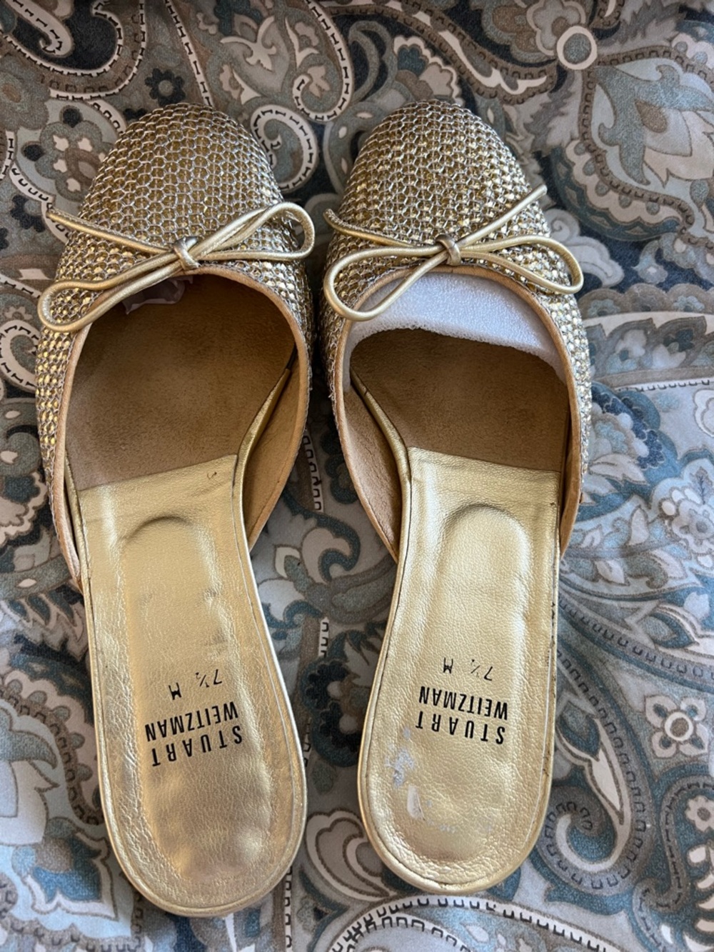 Stuart Weitzman Metallic Gold Raffia Bow Mules